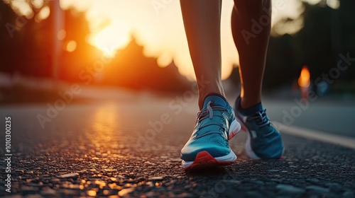 A Runner's Feet Stepping on a Pavement at Sunset