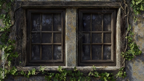 Rustic Old Window with Ivy on Stone Wall