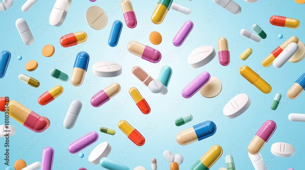Multi-colored pills and capsules of drugs flying in all directions Multi-colored pills and capsules of drugs flying in all directions