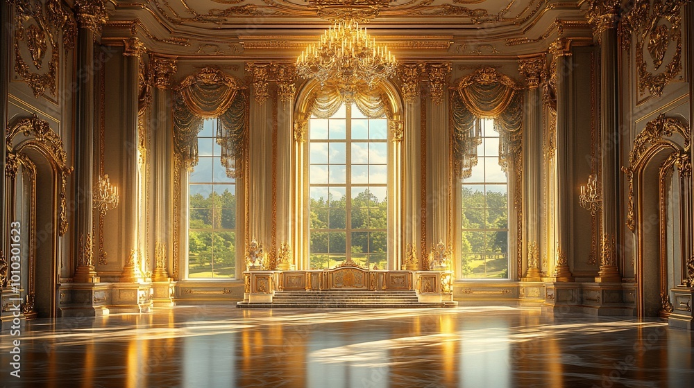 Obraz premium A grand ballroom with a large window overlooking a garden, ornate gold trim, and a chandelier.