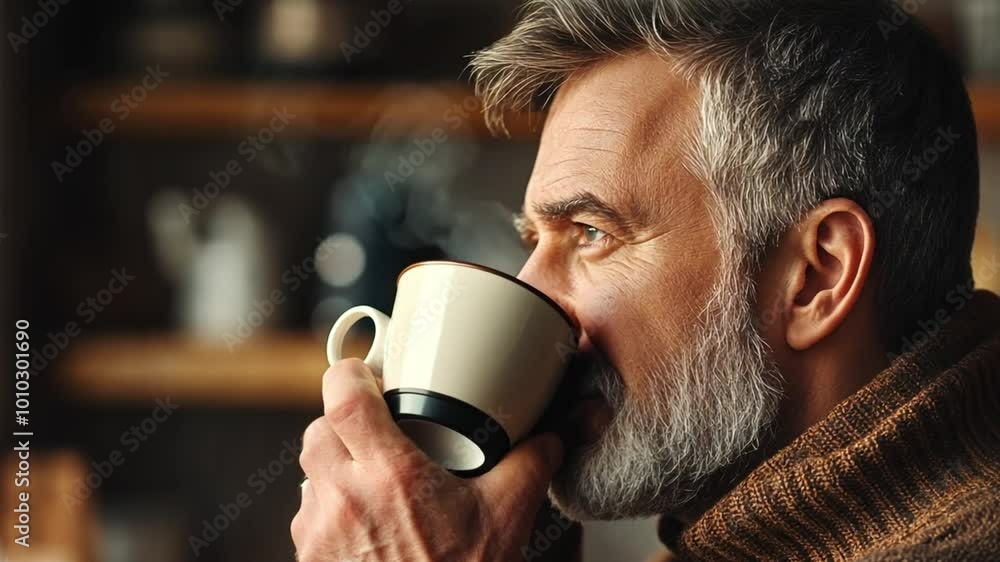Closeup of a man holding a cup of coffee, looking off to the side. Closeup of a man holding a cup of coffee, looking off to the side.