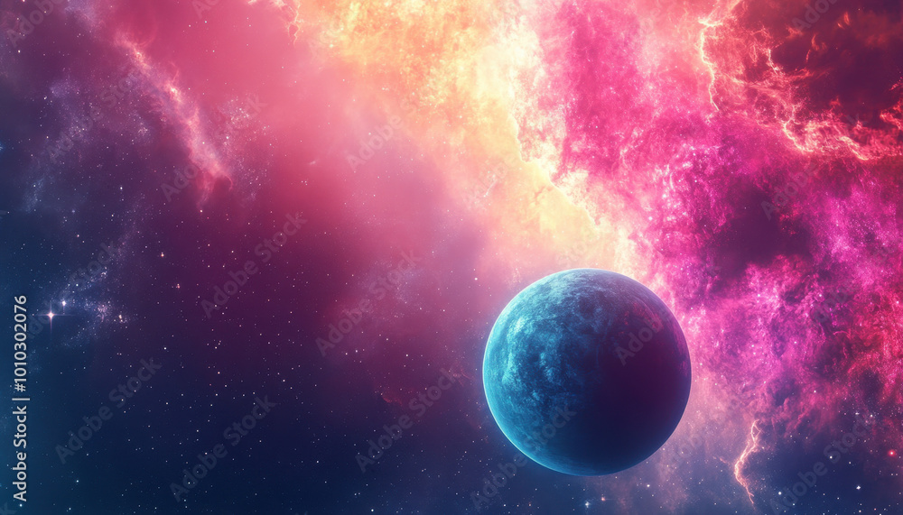 A vibrant cosmic scene showcases a blue planet orbiting amid colorful nebulae and stars, enveloped in pink and orange hues, set against the vastness of space. A vibrant cosmic scene showcases a blue planet orbiting amid colorful nebulae and stars, enveloped in pink and orange hues, set against the vastness of space.