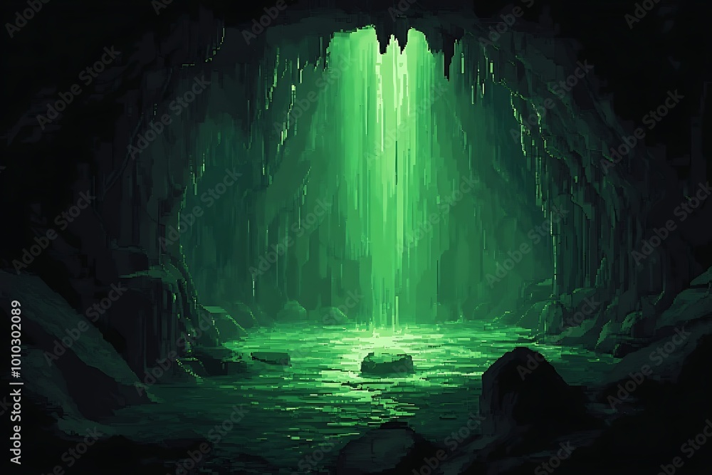 Mysterious Green Waterfall in Dark Cave with Glowing Water Mysterious Green Waterfall in Dark Cave with Glowing Water
