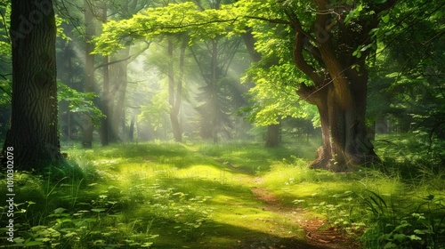 Sunbeams Through the Trees in a Lush Green Forest