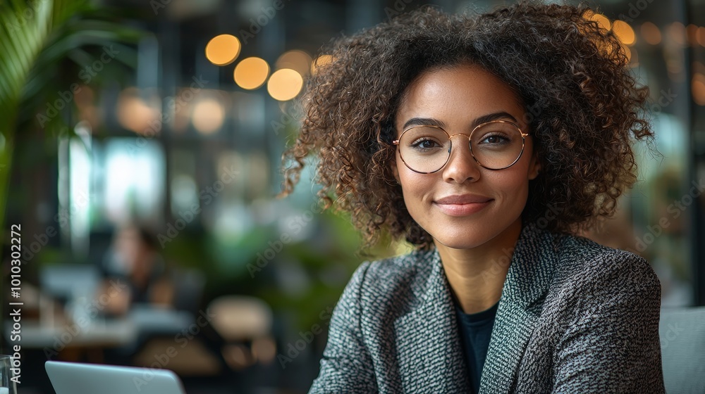 A confident woman with curly hair and glasses smiles in a modern office setting. A confident woman with curly hair and glasses smiles in a modern office setting.