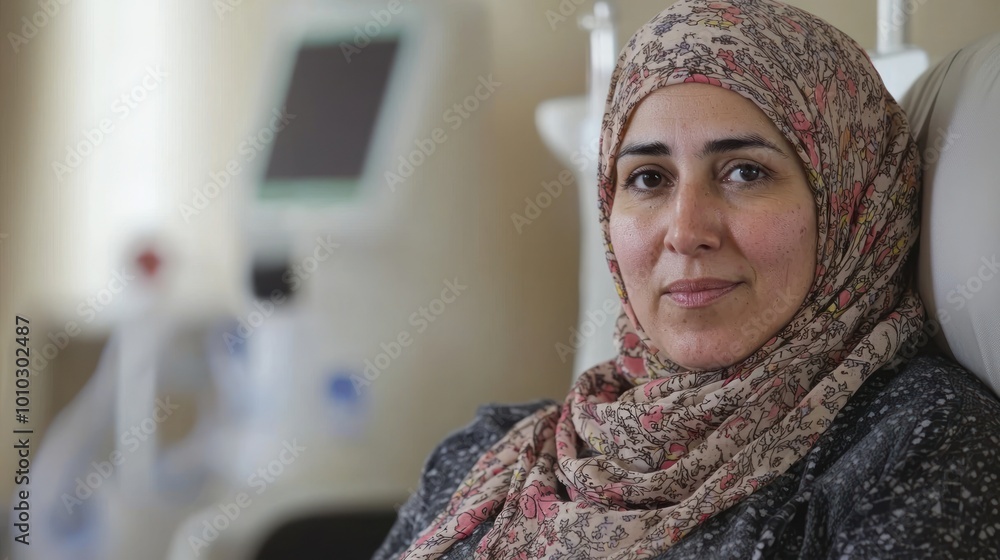 Portrait of a cancer patient sitting in a hospital room, wearing a headscarf and receiving chemotherapy. Portrait of a cancer patient sitting in a hospital room, wearing a headscarf and receiving chemotherapy.