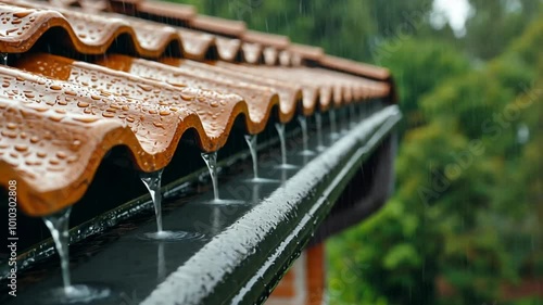 Closeup of rain falling from a roof into a gutter, with water droplets on the roof.