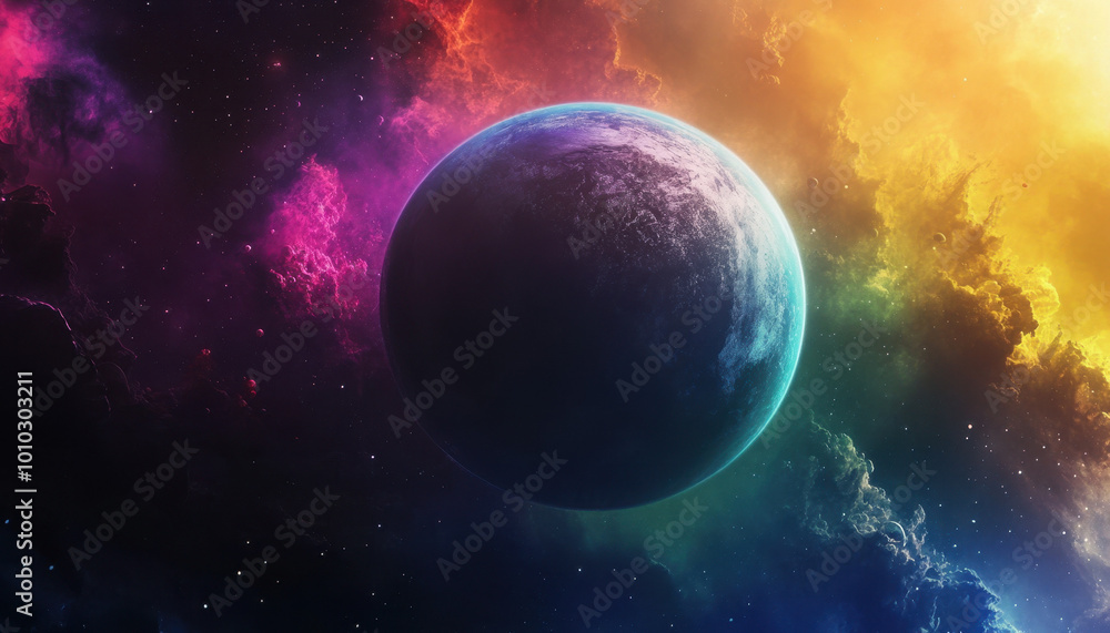 Obraz premium A vivid, colorful space scene featuring a planet surrounded by vibrant cosmic clouds in hues of purple, yellow, and blue, creating a breathtaking extraterrestrial view.
