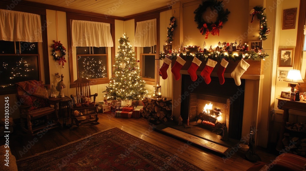 Cozy Christmas Living Room with Tree and Fireplace Cozy Christmas Living Room with Tree and Fireplace