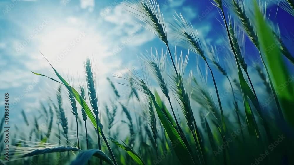 Close-up of wheat stalks against a blue sky with white clouds. Close-up of wheat stalks against a blue sky with white clouds.