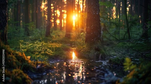 Golden Sunset Rays Through Forest Trees