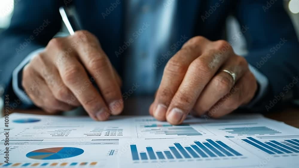 Close-up of wrinkled hands analyzing data on charts and graphs. Close-up of wrinkled hands analyzing data on charts and graphs.