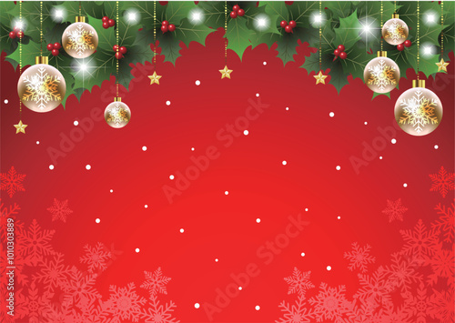 柊とオーナメントのあるクリスマス背景、赤、雪、かわいい、イラスト、横