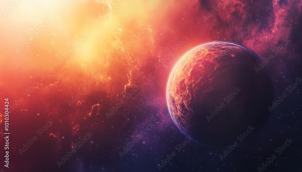 A stunning view of a vibrant planet against a glowing, colorful nebula, showcasing the beauty of outer space with rich red and purple hues. A stunning view of a vibrant planet against a glowing, colorful nebula, showcasing the beauty of outer space with rich red and purple hues.