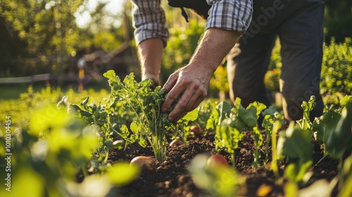 Gardening Hands Tending to Fresh Green Vegetables