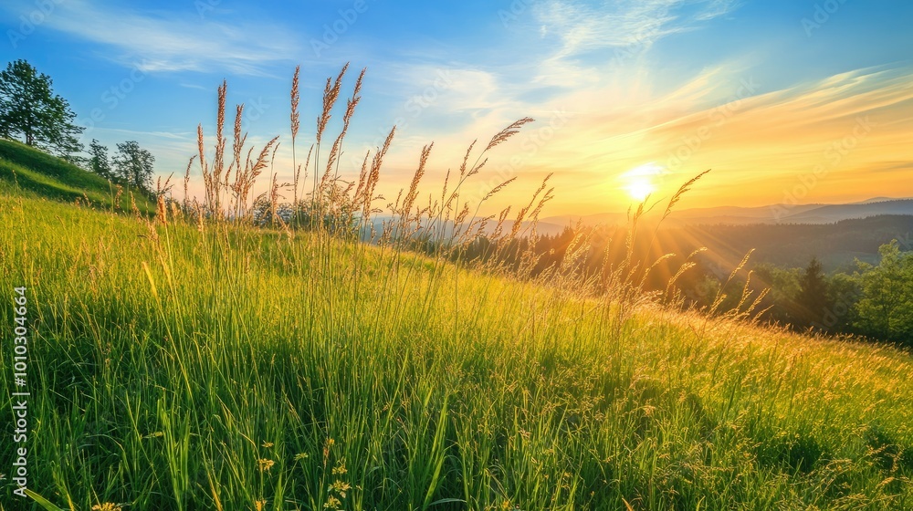 Tall flowering grass on green meadow at sunrise or sunset Tall flowering grass on green meadow at sunrise or sunset