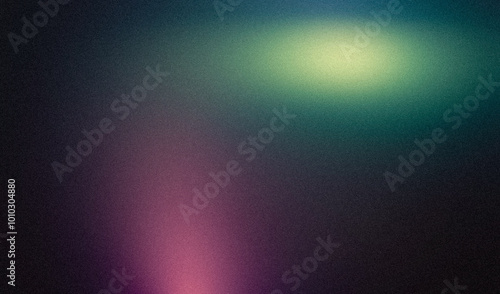 Abstract magenta green grainy glowing color spots stains backdrop design. Modern grainy gradient spots multicolored texture web banner, poster and landing page.