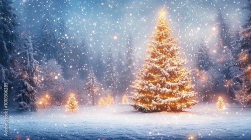 Winter Wonderland with Snowy Christmas Tree