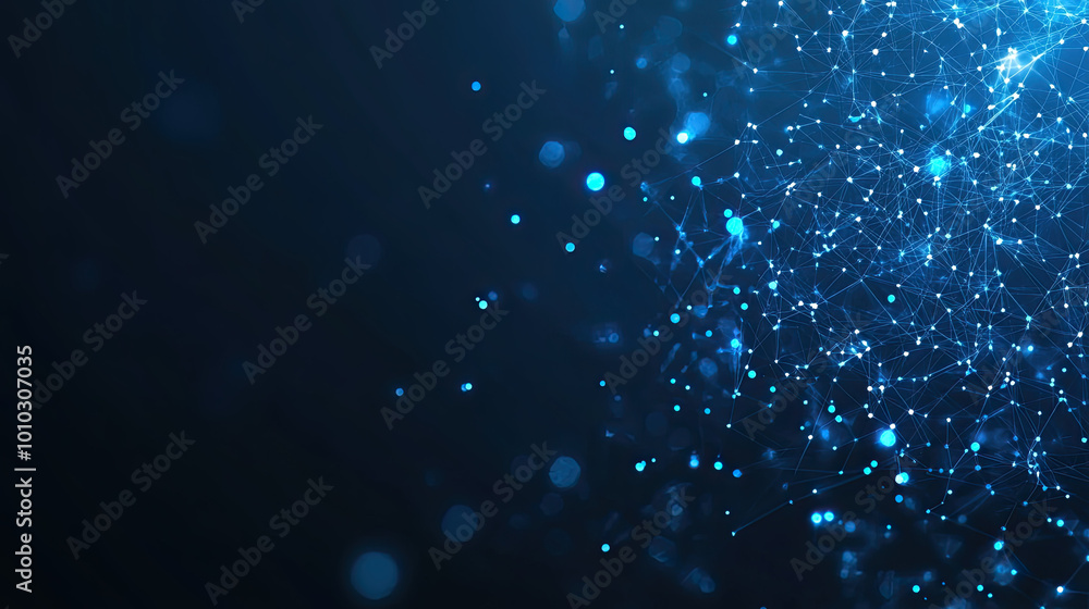 Blue fantasy abstract technology, engineering and science background with particles and plexus connected lines. Depth of field settings. 3D rendering. Blue fantasy abstract technology, engineering and science background with particles and plexus connected lines. Depth of field settings. 3D rendering.