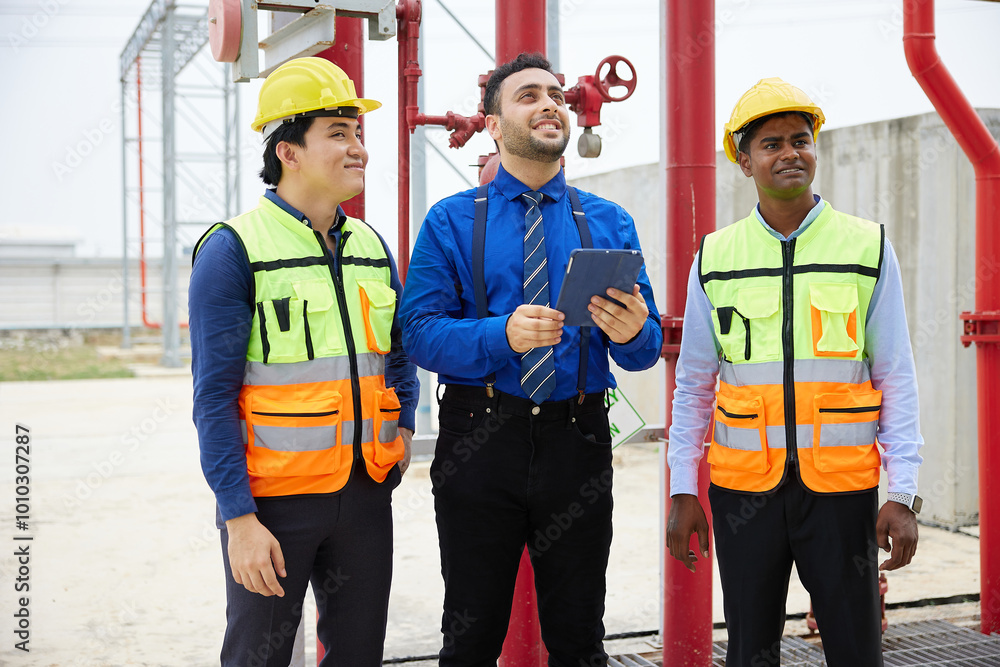 businessman talking about work or project with coworkers and looking up to something in the factory businessman talking about work or project with coworkers and looking up to something in the factory
