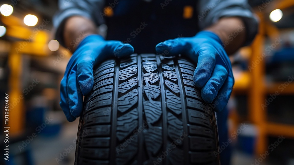 Mechanic holding a new tire. Mechanic holding a new tire.