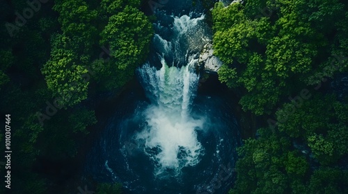 Aerial View of a Waterfall Plunging into a Lush Forest