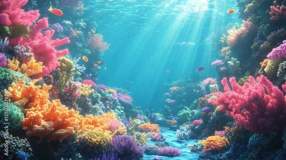 Fototapeta premium Underwater Scene with Sunbeams Shining Through Coral Reef