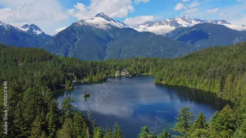 lake in the mountains with snow at the top in the northern BC