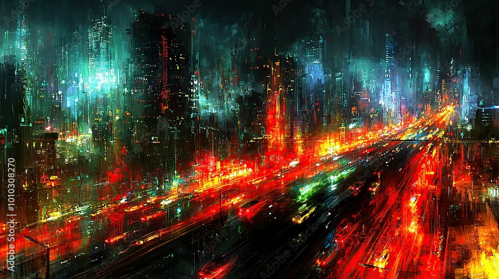 Obraz premium A futuristic cityscape at night with glowing lights and a busy highway.