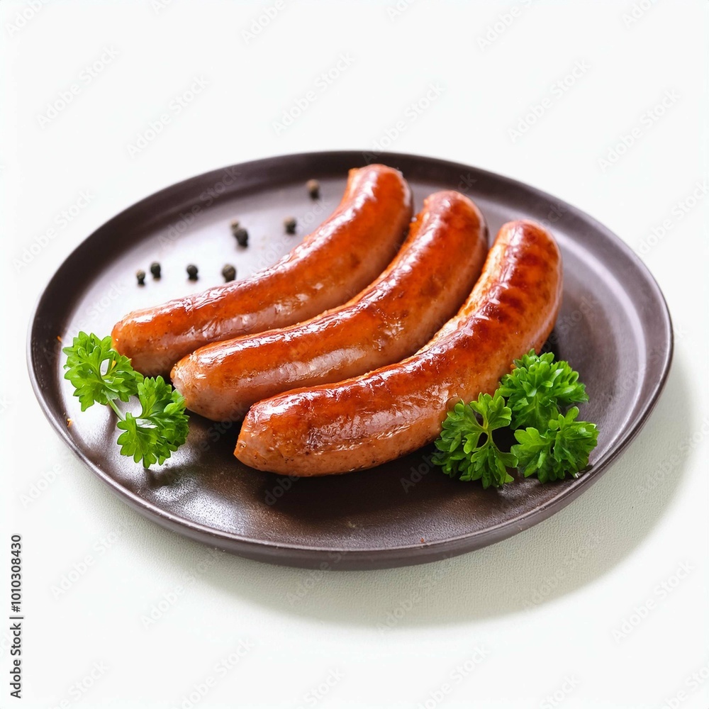 Barbecue sausage with fresh parsley on white background Barbecue sausage with fresh parsley on white background