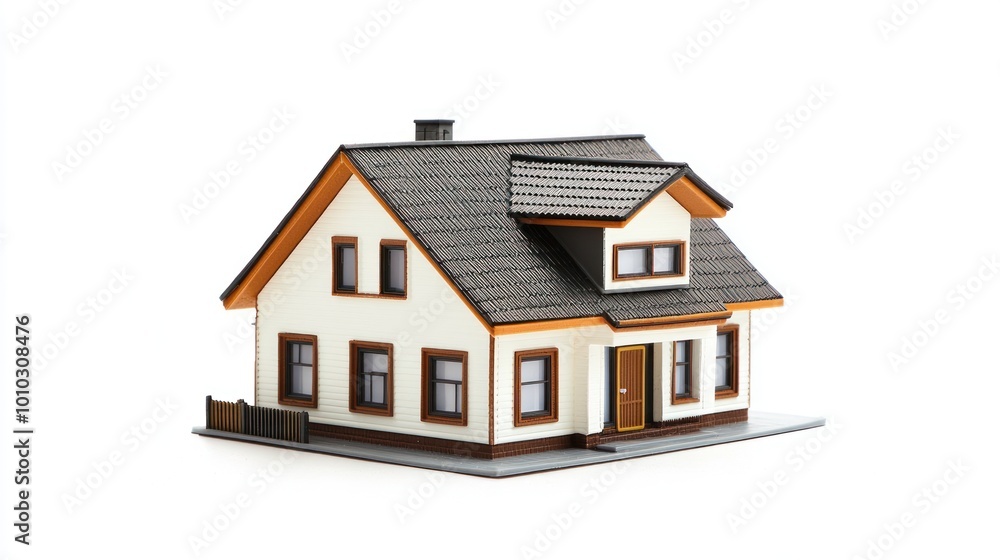 Model house isolated on a white background, highlighting its design and features. Model house isolated on a white background, highlighting its design and features.