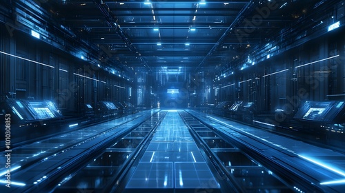 Orthogonal Lines  A high-tech industrial complex with orthogonal lines defining the layout  clean metallic surfaces and glowing blue lights reflecting from machines  creating a futuristic factory vibe