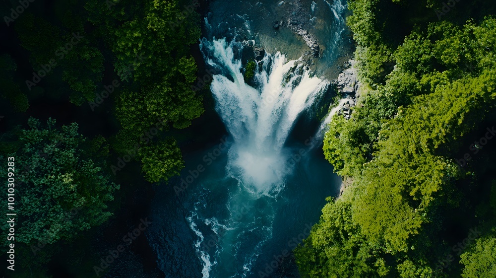 Aerial View of a Majestic Waterfall Surrounded by Lush Greenery Aerial View of a Majestic Waterfall Surrounded by Lush Greenery