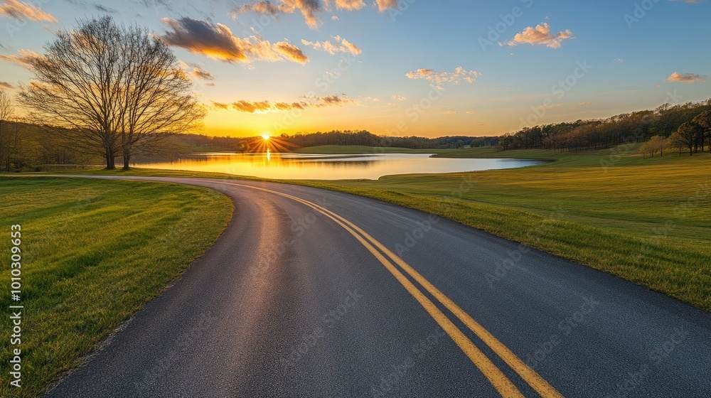The empty road leading to the lake by sunset The empty road leading to the lake by sunset