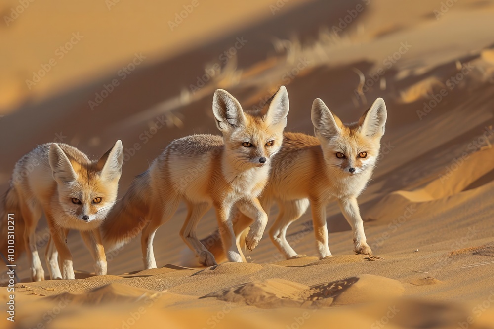 African desert, fennec foxes, sandy dunes, bird's-eye view, warm tones, wide-angle shot, sharp clarity