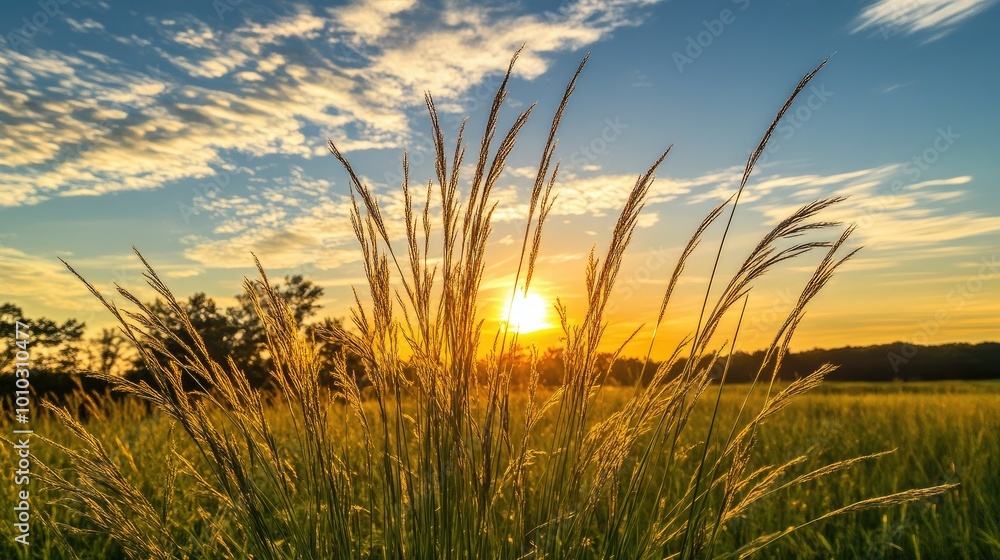 Tall flowering grass on green meadow at sunrise or sunset