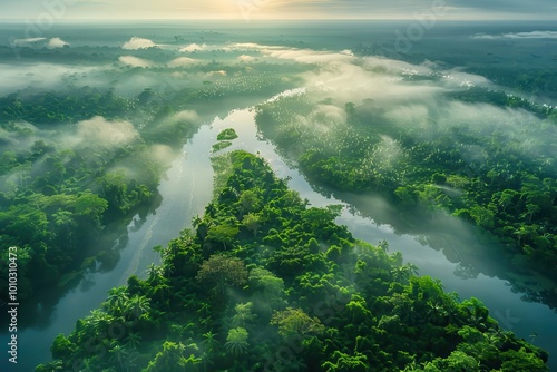 Amazon rainforest, diverse wildlife, early morning mist, bird's-eye view, vibrant greenery, flowing rivers, wide-angle shot