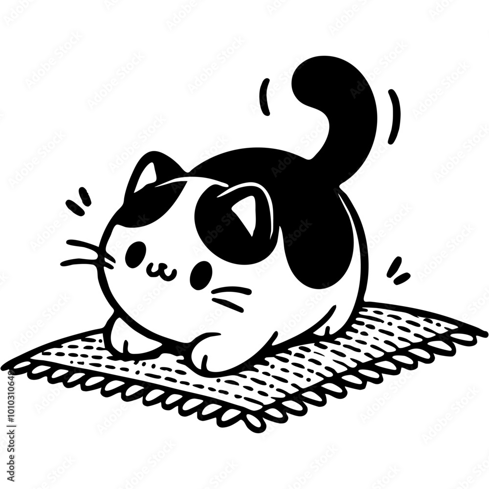 Obraz premium Fat kitten scratches claws rug mat in monochrome. Simple minimalistic vector in black ink drawing on transparent background
