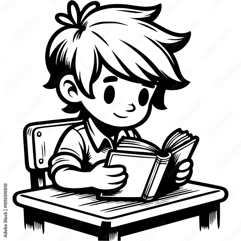 Boy student sitting at table and reading a book in monochrome. Simple minimalistic vector in black ink drawing on transparent background Boy student sitting at table and reading a book in monochrome. Simple minimalistic vector in black ink drawing on transparent background