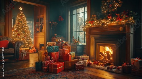 Cozy Christmas Living Room with Fireplace and Decorated Tree