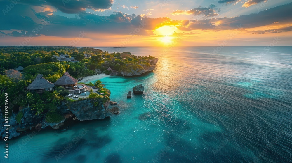 Luxurious resort, tropical island, sunset, bird's-eye view, turquoise waters, lush greenery, wide-angle shot, high-definition clarity Luxurious resort, tropical island, sunset, bird's-eye view, turquoise waters, lush greenery, wide-angle shot, high-definition clarity