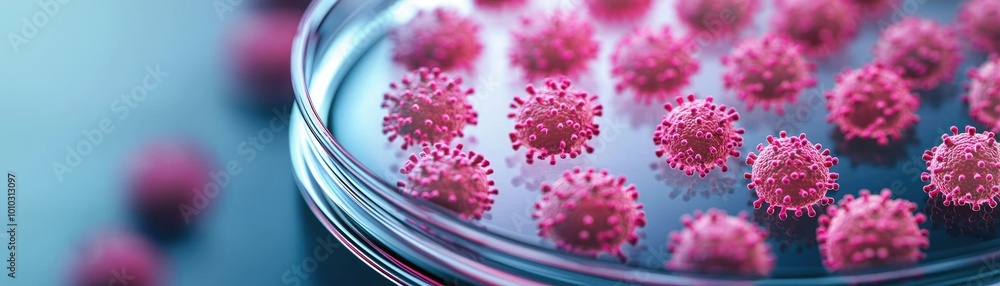 Close-up view of vibrant pink viruses in a petri dish, illustrating microscopic life and biological research in laboratory settings. Close-up view of vibrant pink viruses in a petri dish, illustrating microscopic life and biological research in laboratory settings.