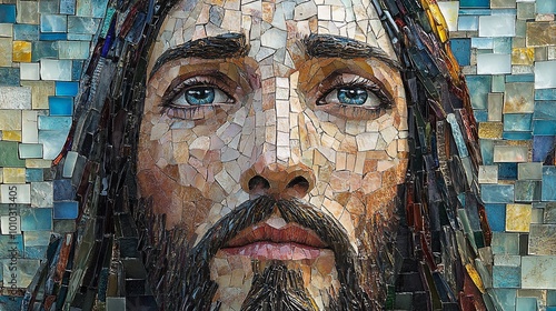 Close-up mosaic portrait of Jesus Christ with blue eyes and beard.