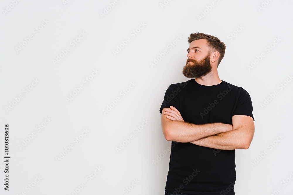 Happy young man isolated on white background. Confident handsome male model wearing t-shirt with casually pose looking away. Barbershop services, cosmetic for men ads. Happy young man isolated on white background. Confident handsome male model wearing t-shirt with casually pose looking away. Barbershop services, cosmetic for men ads.