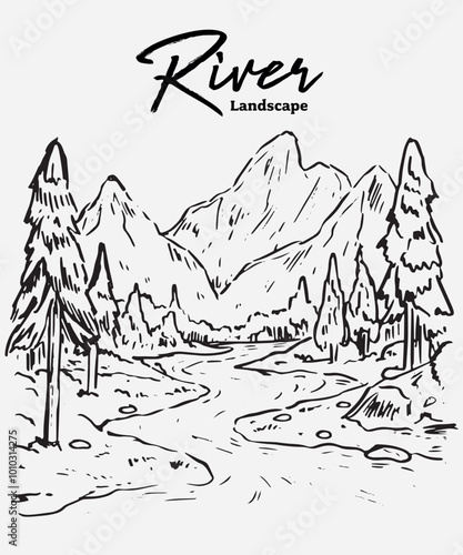 Isolated hand drawn river mountain river land scape illustration 5