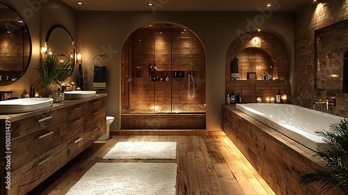 A contemporary bathroom with natural wood cabinetry, double sinks, and stylish arched mirrors, surrounded by soft lighting