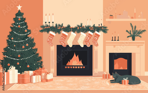 Cozy Christmas living room with a decorated tree, stockings hanging by the fireplace, wrapped presents, and a cat resting near the warm fire, evoking festive warmth and comfort