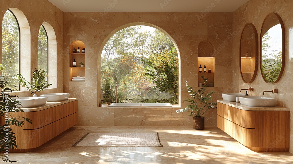 Fototapeta premium A serene bathroom environment with wooden cabinets, dual sinks, and curved mirrors reflecting soft, natural light