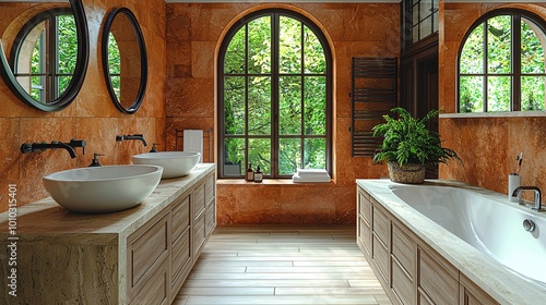 A contemporary hotel bathroom with warm wooden cabinetry, double sinks, and arched mirrors, designed for comfort and style photo