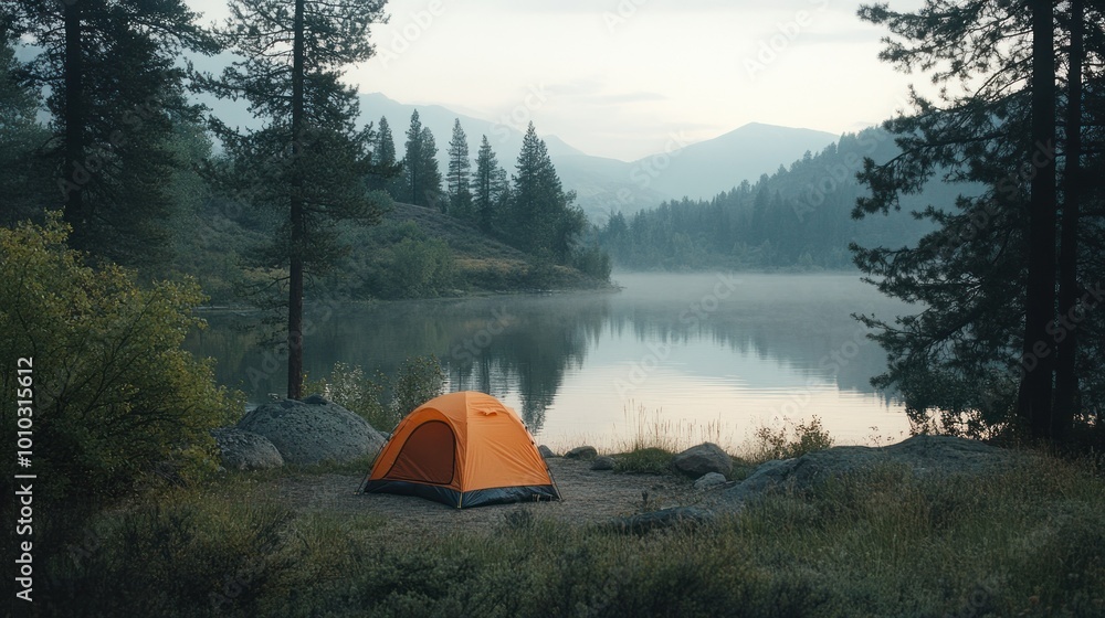 Orange Tent by a Misty Lake in a Forest Orange Tent by a Misty Lake in a Forest